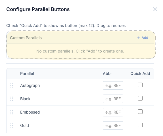 CardLuma Configure Parallel Buttons dialog showing custom parallels, abbreviations, and quick-add checkboxes with drag-to-reorder
