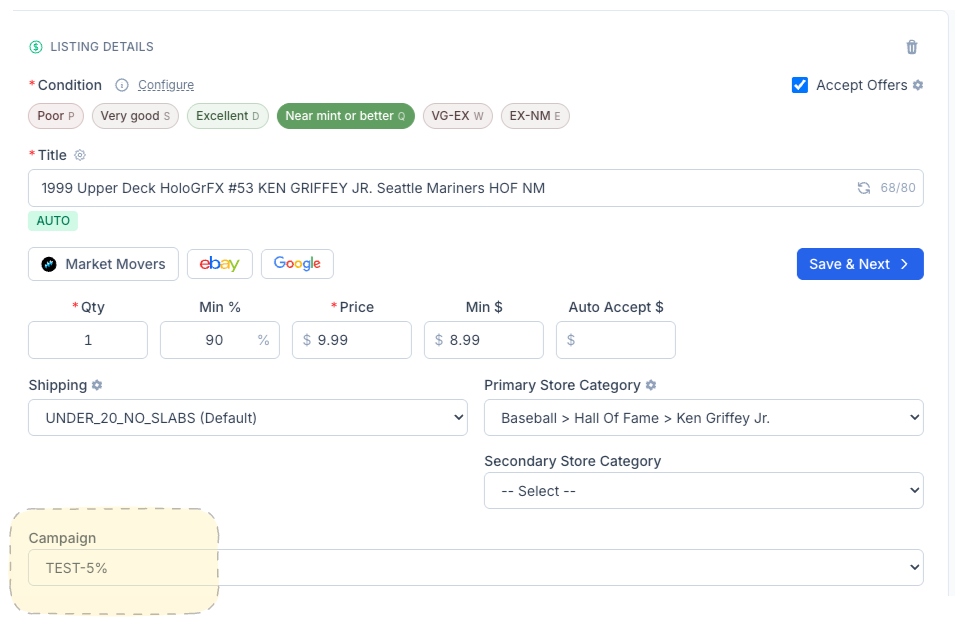 CardLuma card edit screen showing Campaign dropdown set to TEST-5% on an individual card listing, overriding the batch default