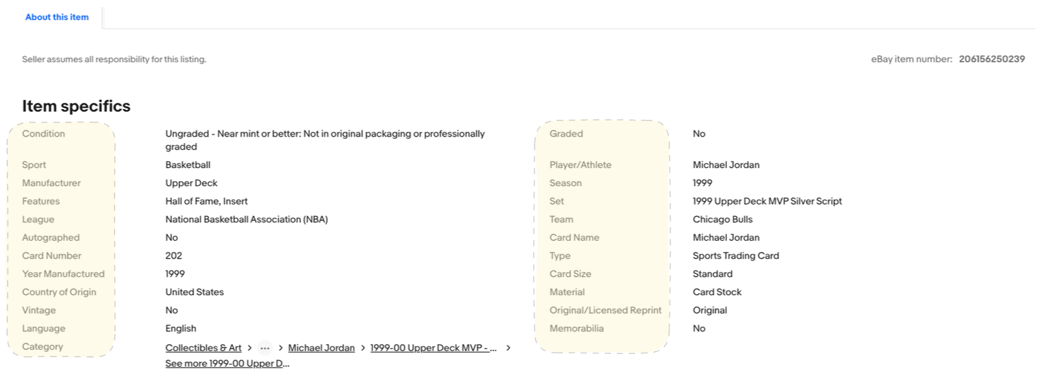 eBay item specifics form showing auto-filled fields for a sports card listing including condition, sport, player, team, league, set, card number, year, and manufacturer
