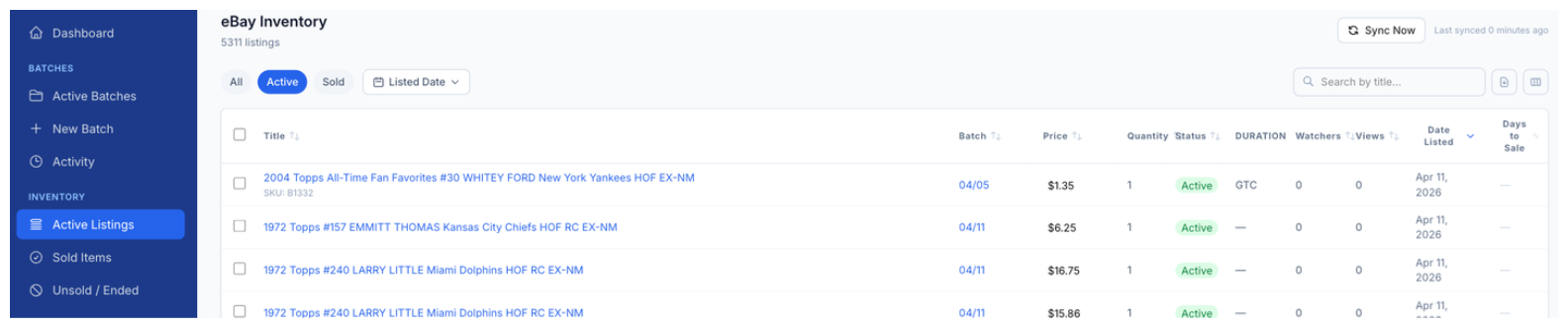 CardLuma eBay Inventory screen showing active listings with title, batch, price, quantity, status, duration, watchers, views, date listed, and days to sale columns