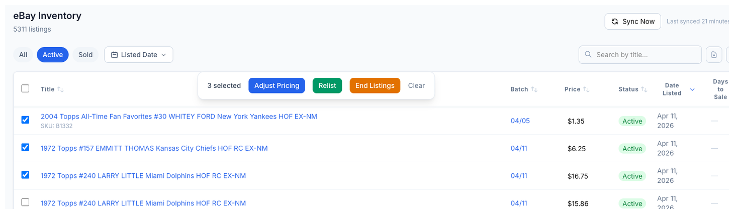 CardLuma eBay Inventory with multiple listings selected and bulk action buttons visible for applying changes to all selected items