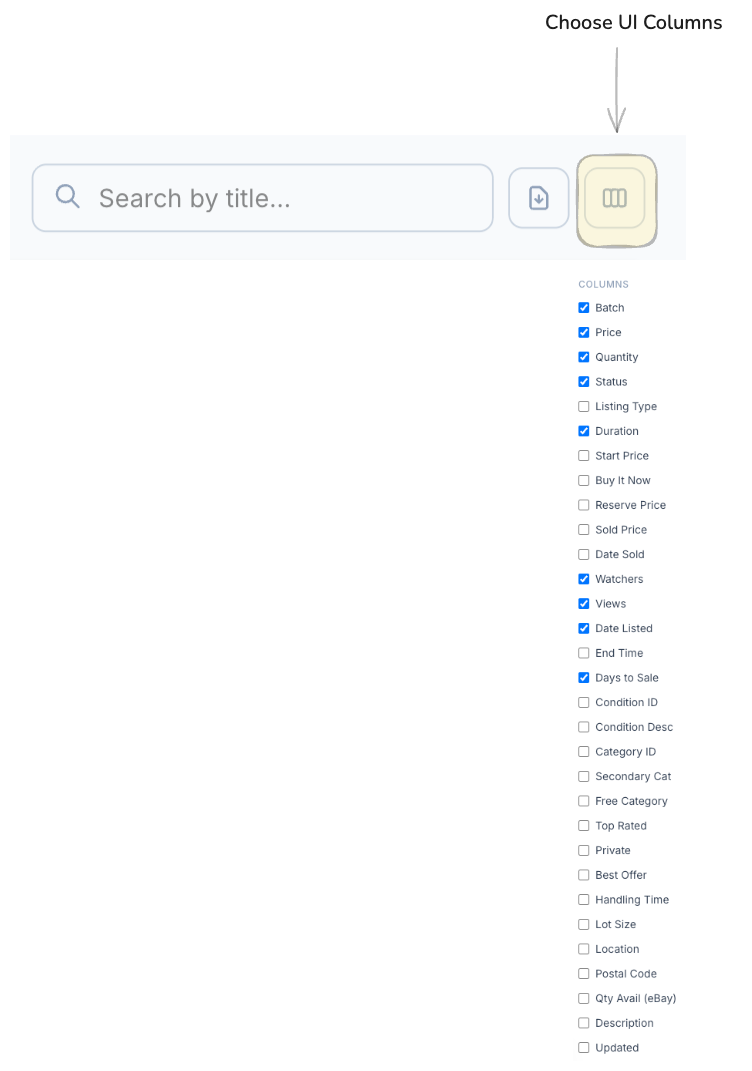 CardLuma eBay Inventory column chooser dropdown showing over 30 toggleable columns including Batch, Price, Quantity, Status, Duration, Watchers, Views, and more