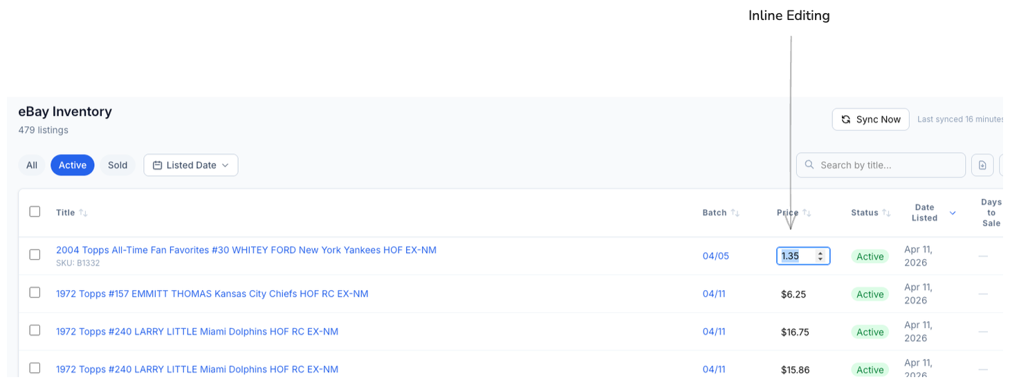 CardLuma eBay Inventory with inline editing active, showing a price field being edited directly in the table row
