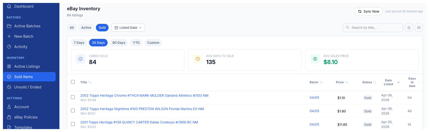 CardLuma eBay Inventory Sold tab showing total items sold, total revenue, and average sale price with a list of sold listings