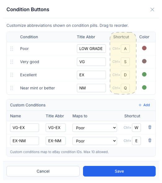 CardLuma Condition Buttons settings showing keyboard shortcuts Ctrl+A through Ctrl+Q mapped to condition grades Poor, Very good, Excellent, and Near mint or better, with customizable abbreviations and color pills