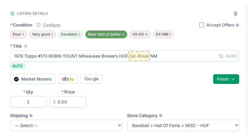 CardLuma card edit screen showing a 1978 Topps Robin Yount listing with Set-Break injected into the AUTO-generated title via keyboard shortcut, condition set to Near mint or better, with VG-EX and EX-NM custom condition pills visible