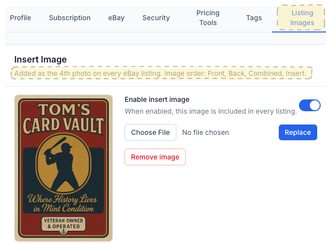 CardLuma listing branding settings showing logo upload and enable toggle for automatic image stamping
