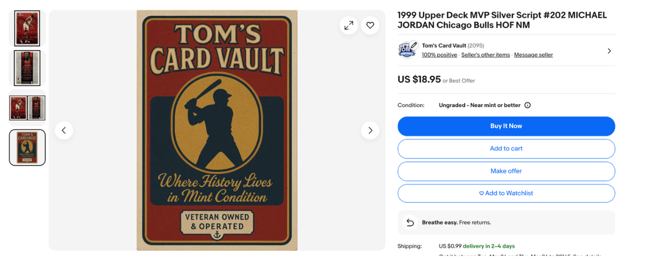 eBay listing showing a store-branded card image with the seller's logo automatically applied by CardLuma