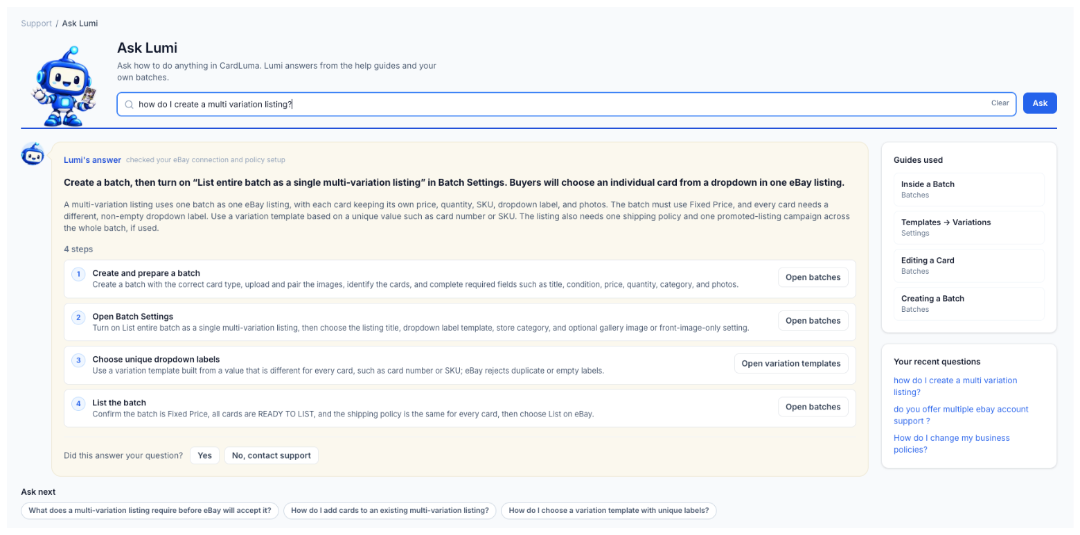 The Ask Lumi page answering &ldquo;how do I create a multi variation listing?&rdquo; with a short answer, four numbered steps with Open batches and Open variation templates buttons, the guides used, recent questions, and Ask next suggestions