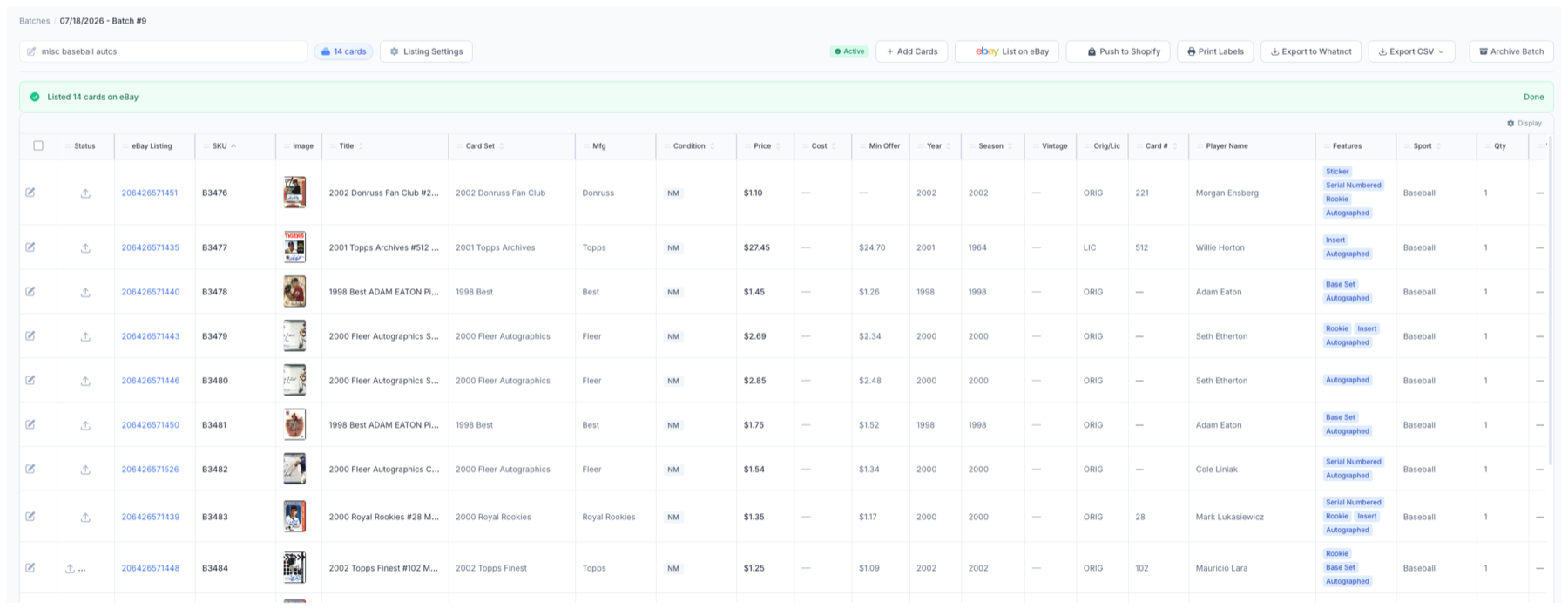 CardLuma batch table with inline spreadsheet editing, resizable columns, and per-row edit controls