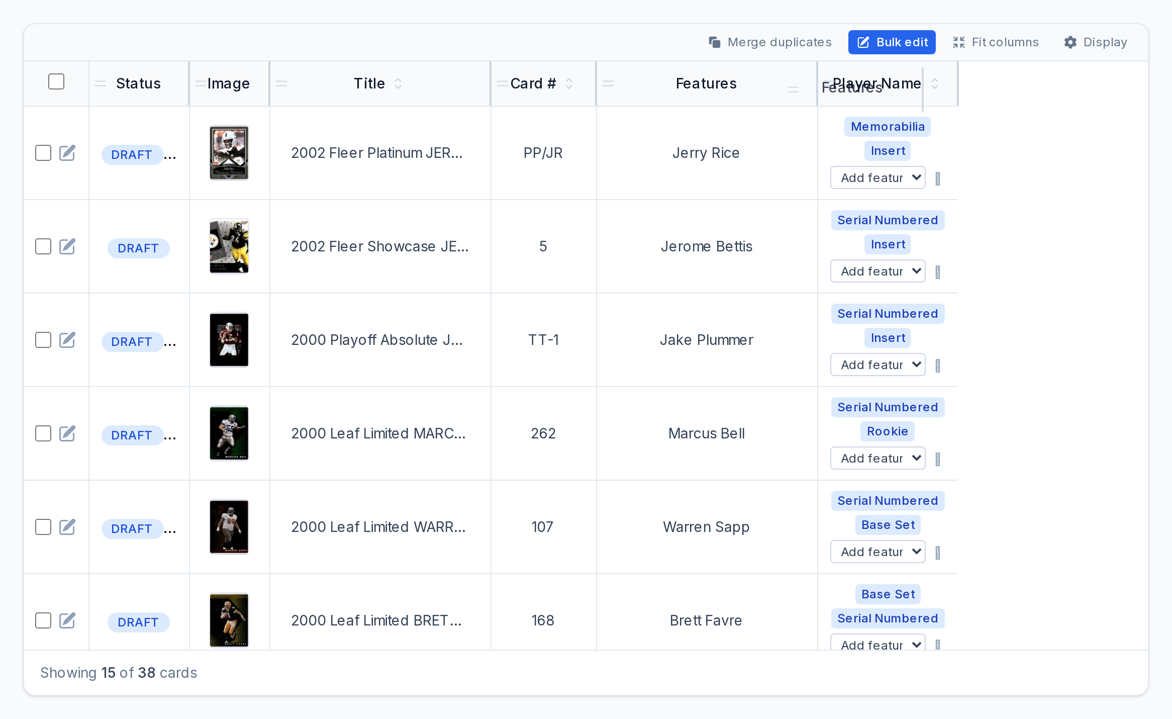 The CardLuma batch table mid-drag, with the Features column header being dragged into a new position next to Player Name; columns for status, image, title, card number, player name and features