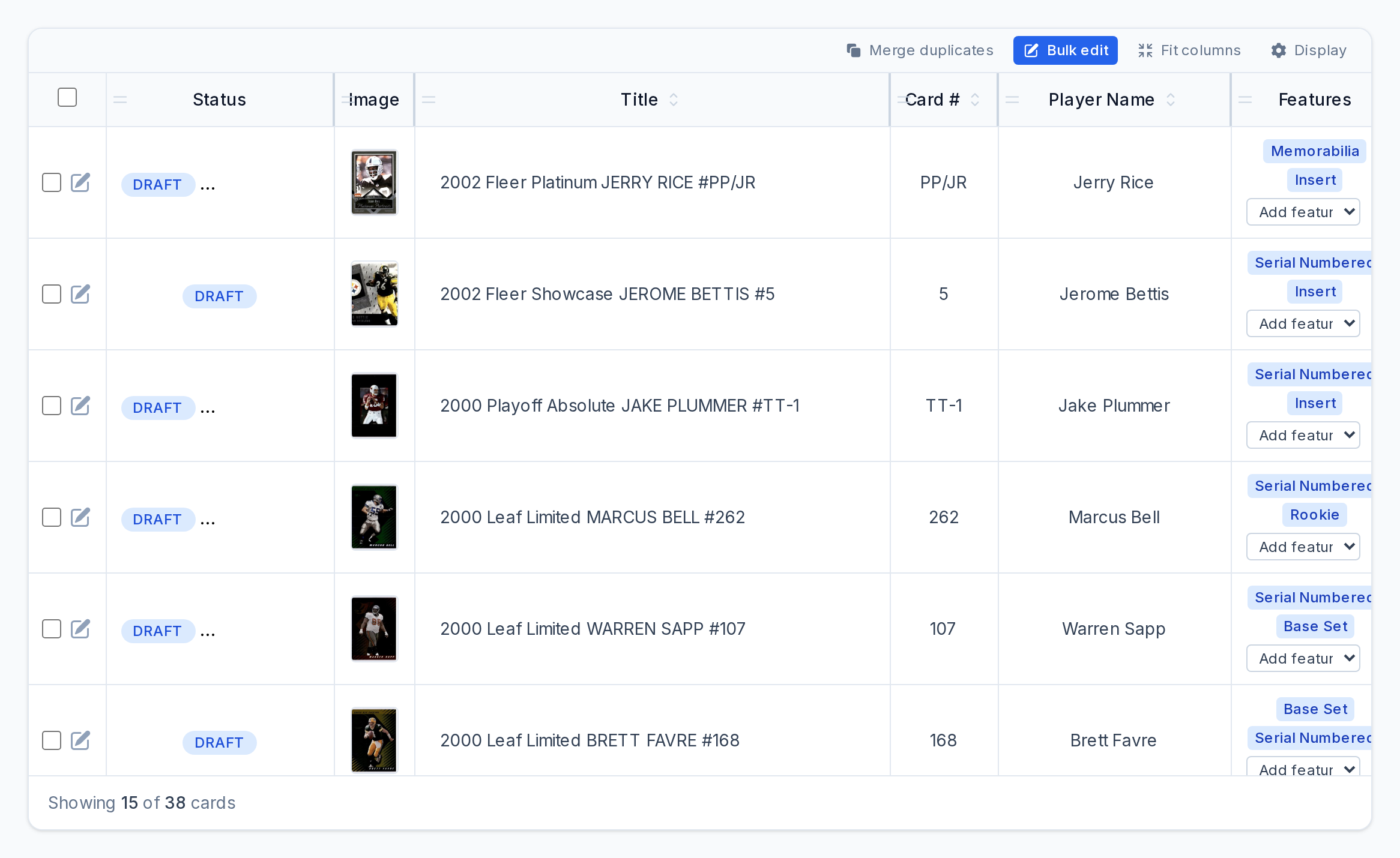 The CardLuma batch table with a widened Title column showing full card titles such as 2002 Fleer Platinum JERRY RICE #PP/JR, alongside narrower status, image, card number, player name and features columns