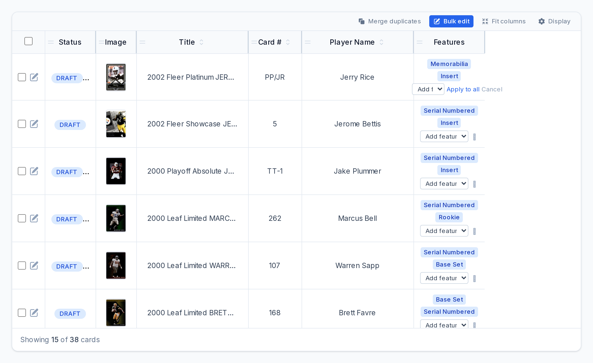 The CardLuma batch table Features column, with Memorabilia and Insert tags on a Jerry Rice card and Apply to all and Cancel links next to the Add feature dropdown