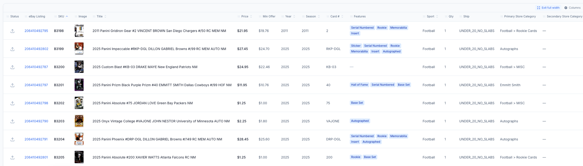 The CardLuma batch table in full-width mode, showing a batch of 2025 Panini football cards with columns for status, eBay listing, SKU, image, title, price, min offer, year, season, card number, features, sport, quantity, shipping, and primary and secondary store category