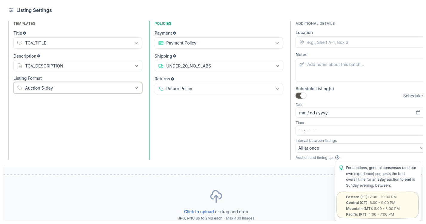 CardLuma auction end timing tip showing optimal end times across Eastern, Central, Mountain, and Pacific time zones