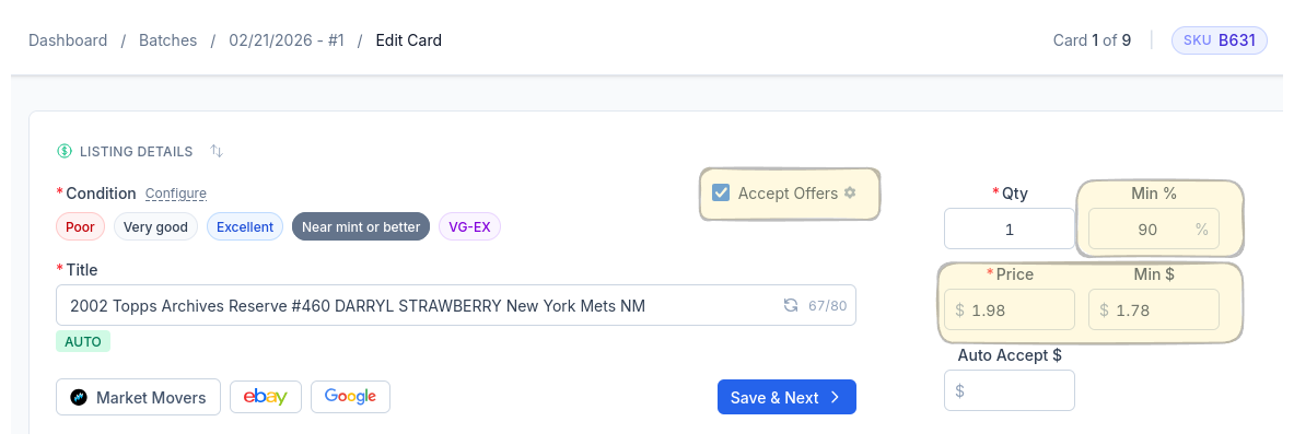 CardLuma card edit screen showing auto-populated Best Offer fields with minimum percentage, price, and auto-accept values