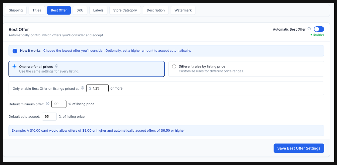CardLuma Best Offer settings with the one-rule-for-all-prices option selected, showing the price floor, default minimum offer, and default auto-accept percentages