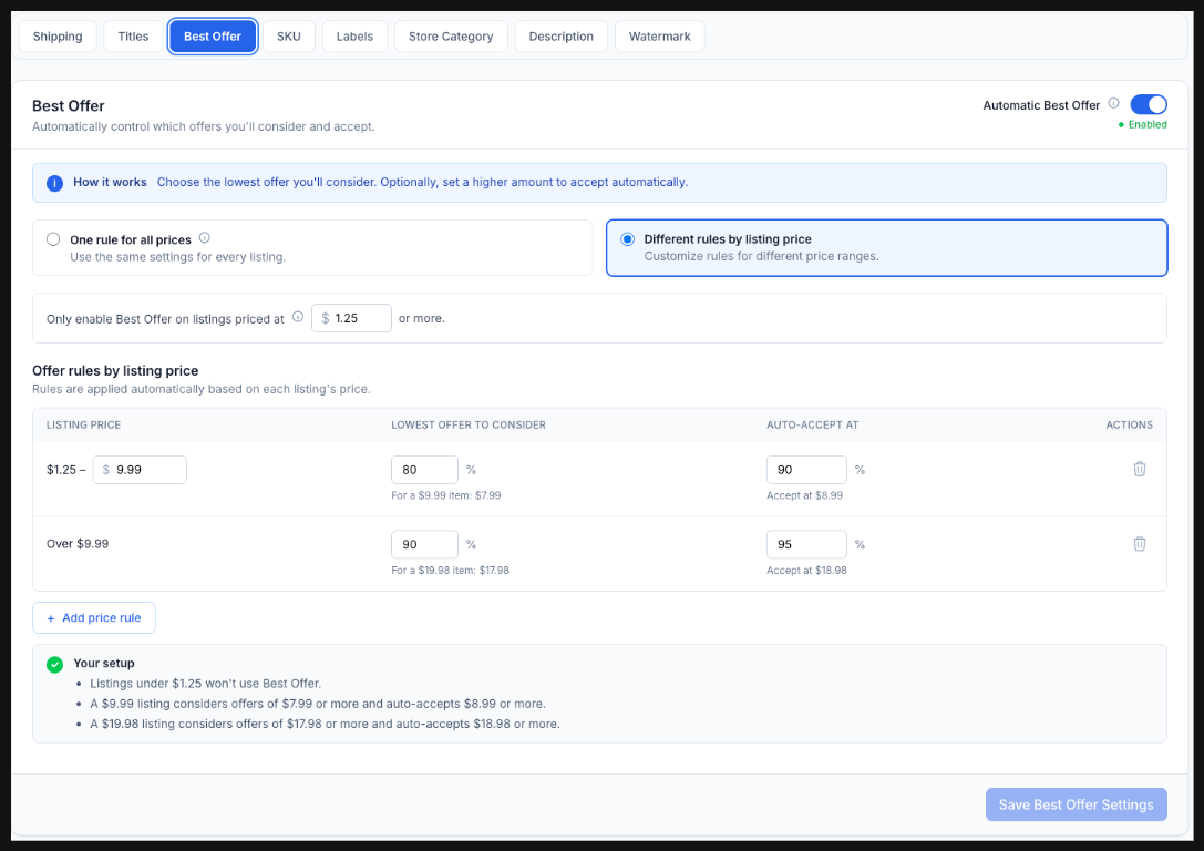 CardLuma Best Offer settings with different rules by listing price, showing separate lowest-offer and auto-accept percentages for the $1.25 to $9.99 band and the over-$9.99 band