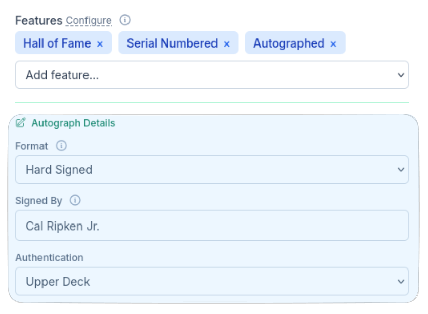 CardLuma autograph details section showing Features tags for Hall of Fame, Serial Numbered, and Autographed, with fields for Format (Hard Signed), Signed By (Cal Ripken Jr.), and Authentication (Upper Deck)