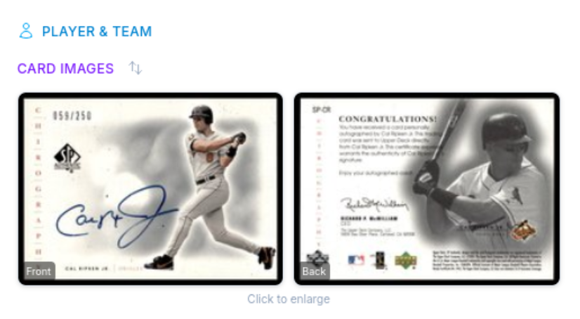 CardLuma card edit screen showing a 2001 SP Authentic Cal Ripken Jr. autographed card with front and back images, serial numbered 058/250