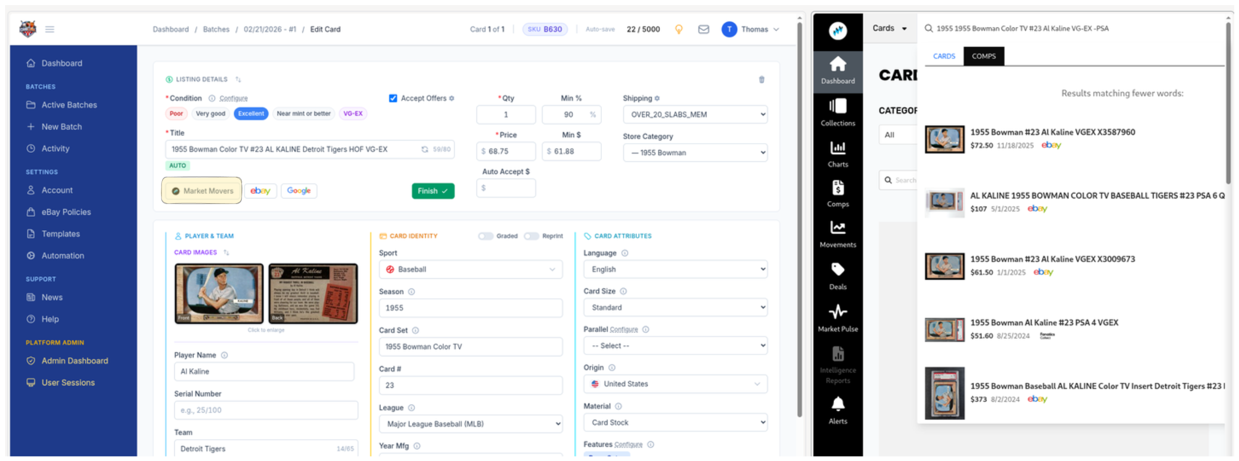 CardLuma card edit screen with Market Movers panel open showing recent sold prices for a 1955 Bowman Color TV Al Kaline card from eBay and other marketplaces