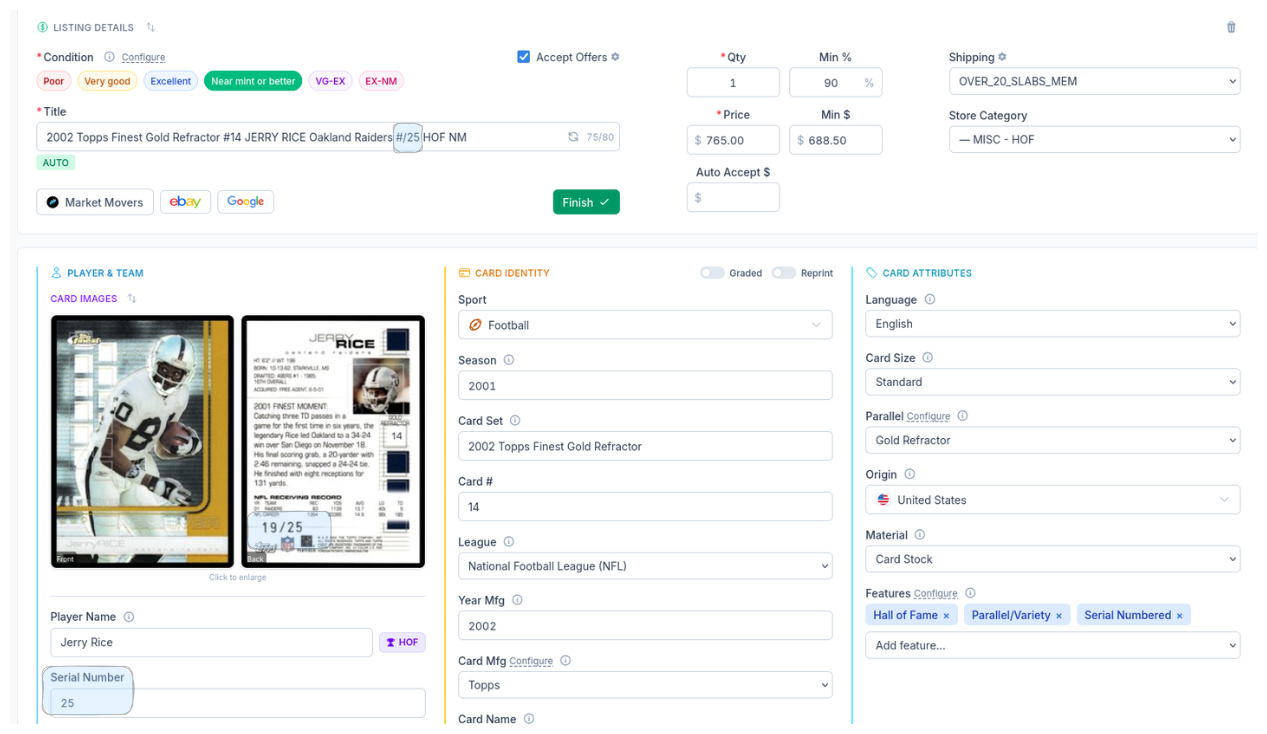 CardLuma card edit screen showing a 2002 Topps Finest Gold Refractor Jerry Rice card numbered /25, with Serial Number field populated, Serial Numbered feature tag, and #/25 in the auto-generated title