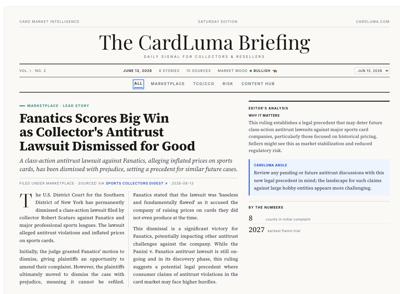 The CardLuma Briefing — a daily card-market intelligence page with a lead marketplace story, editor's analysis, why-it-matters, a CardLuma angle, and category tabs for Marketplace, TCG/CCG, Risk, and Content Hub