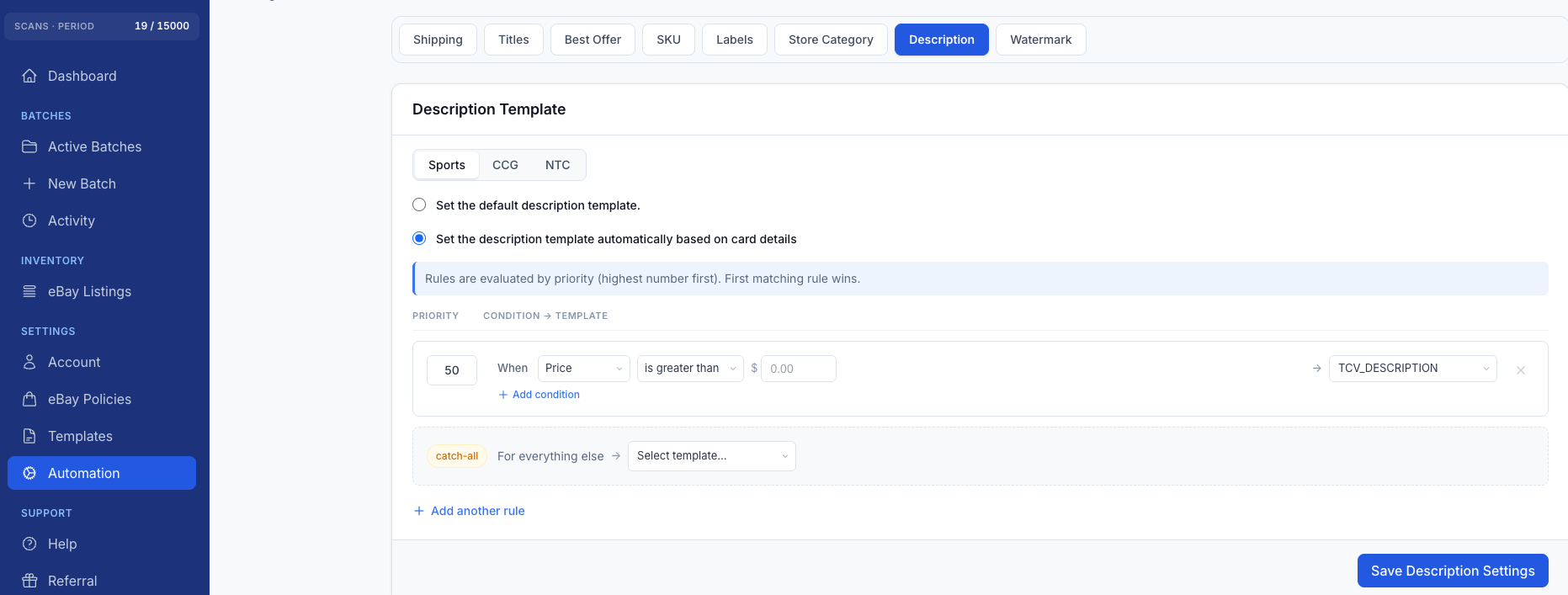CardLuma description template automation settings showing Sports, CCG, and NTC tabs with the automatic option selected, a priority rule that applies the TCV_DESCRIPTION template when price is greater than a set amount, and a catch-all rule for everything else