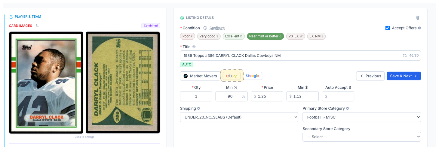 CardLuma card edit screen showing the Market Data button integrated into the listing workflow