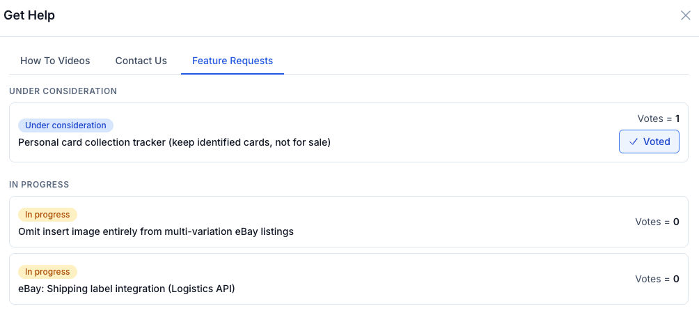 The CardLuma Get Help panel open on the Feature Requests tab, showing an item under consideration with a vote button and vote count, plus items marked in progress