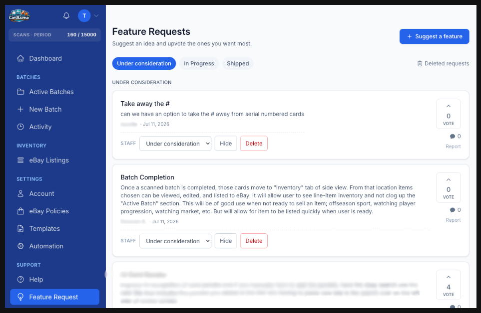 The CardLuma Feature Requests screen with a Suggest a feature button, tabs for Under consideration, In Progress, and Shipped, and requests listed with vote buttons and vote counts