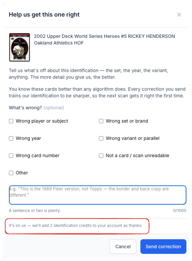 The CardLuma Help us get this one right modal showing the card thumbnail and title, checkboxes for wrong player, set, year, variant, card number and not-a-card, a free-text box, and a note that CardLuma will add 2 identification credits as thanks