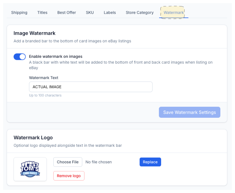 CardLuma Image Watermark settings showing watermark text field, enable toggle, and logo upload with a store logo preview