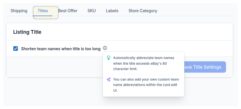 CardLuma listing title settings with Shorten team names option enabled, showing tooltip explaining automatic abbreviation when title exceeds 80 characters