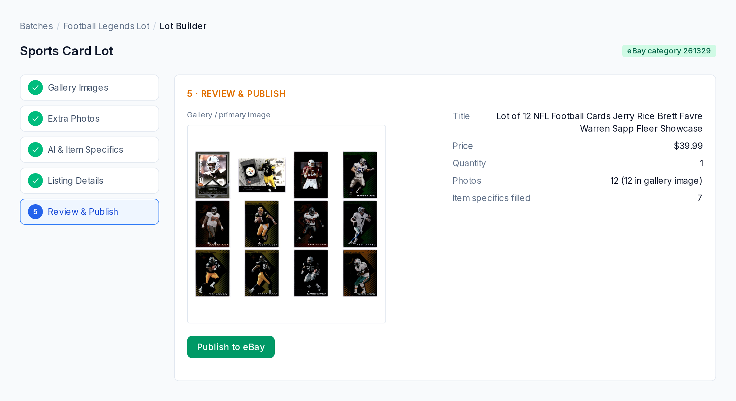 CardLuma Lot Builder Review and Publish step showing the twelve-card gallery image, title, 39.99 price, quantity 1, 12 photos and 7 item specifics filled, with a Publish to eBay button