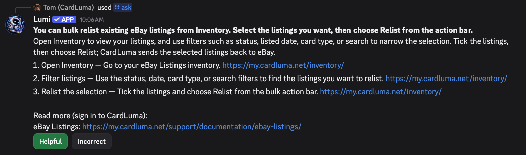 Lumi&rsquo;s Discord answer with three numbered steps for bulk relisting from Inventory, a link to the eBay Listings documentation, and Helpful and Incorrect buttons