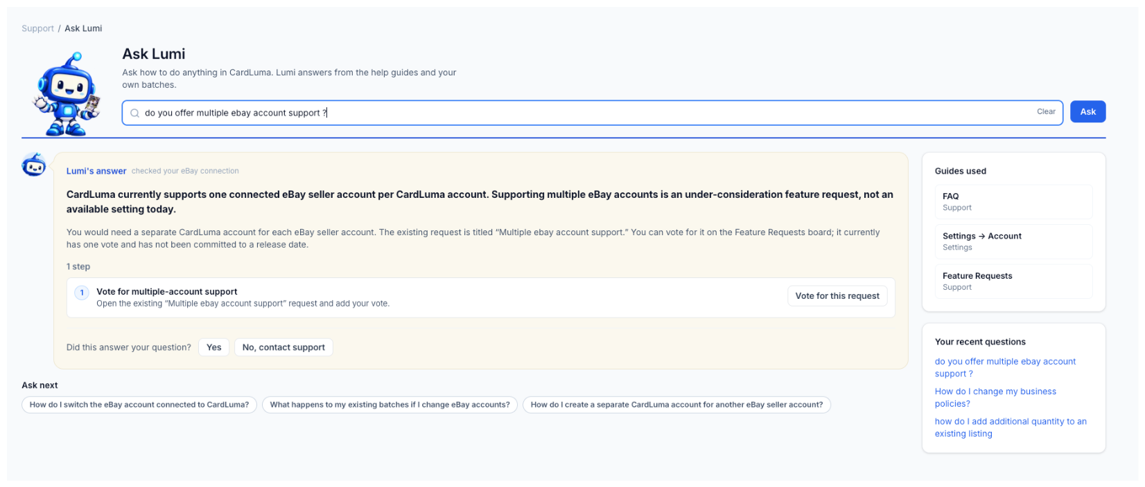 Lumi answering &ldquo;do you offer multiple ebay account support?&rdquo; by explaining it&rsquo;s an under-consideration feature request, with a Vote for this request button