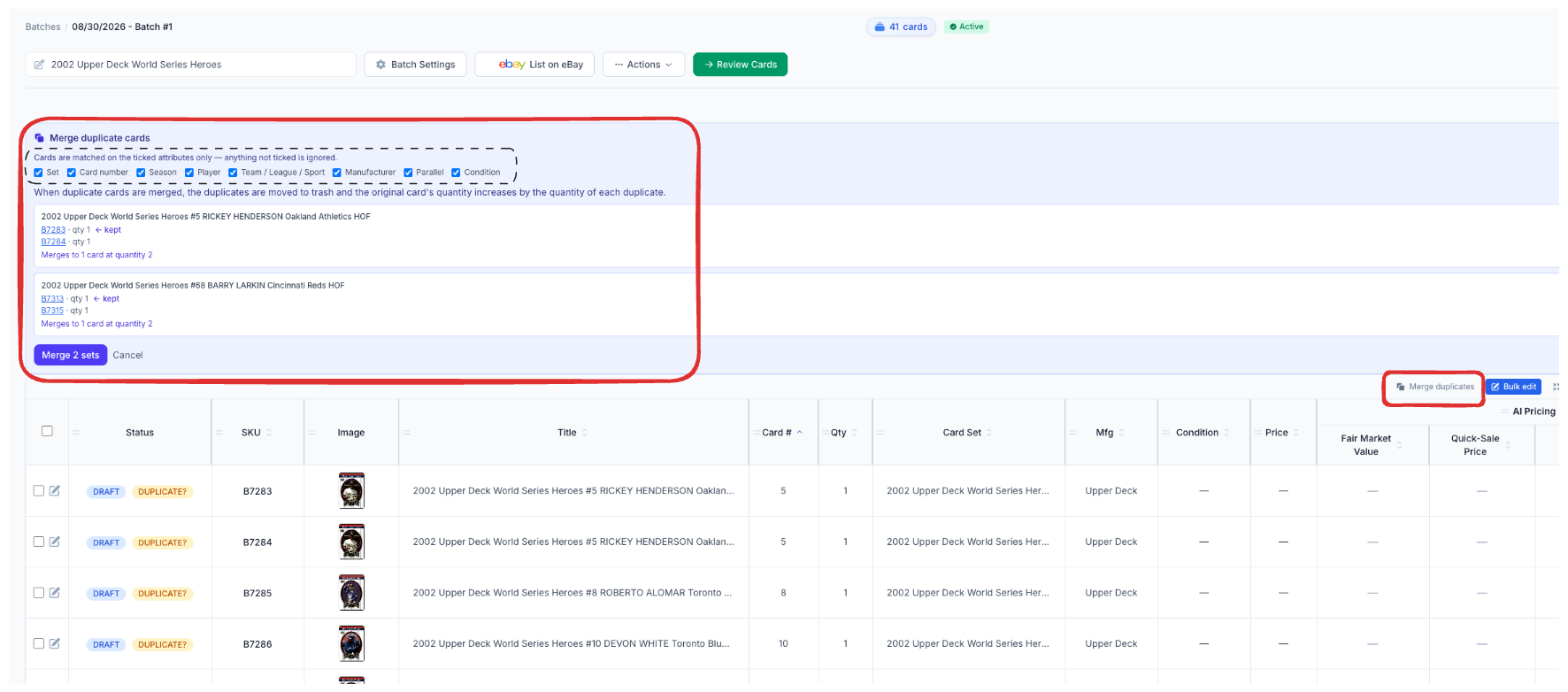 The CardLuma merge duplicate cards panel open over a batch table, showing attribute checkboxes for Set, Card number, Season, Player, Team/League/Sport, Manufacturer, Parallel and Condition, two grouped duplicate sets with their SKUs and quantities, and a Merge 2 sets button