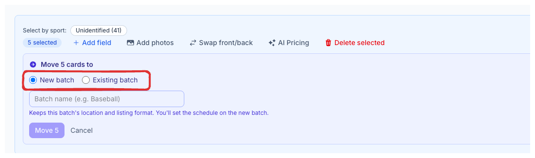 The CardLuma move panel with 5 cards selected, offering New batch or Existing batch, a batch name field, and a note that the move keeps the batch location and listing format