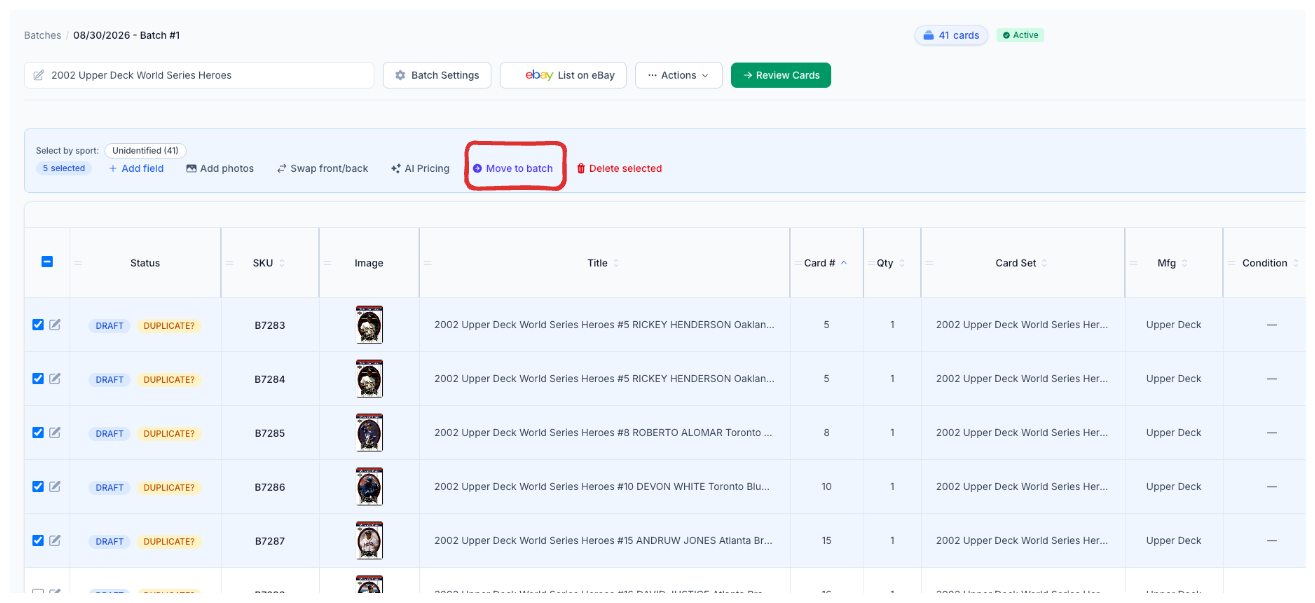 A CardLuma batch table with 5 cards selected and the Move to batch action highlighted in the toolbar, alongside select-by-sport quick-select, Add field, Add photos, Swap front/back, AI Pricing, and Delete selected