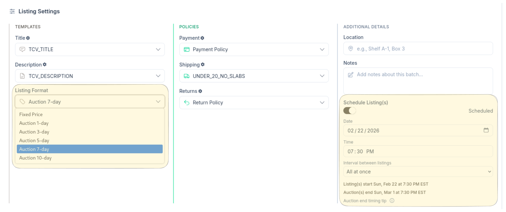 CardLuma batch listing settings showing auction format dropdown with 1, 3, 5, 7, and 10-day options, scheduled start time, and calculated end date