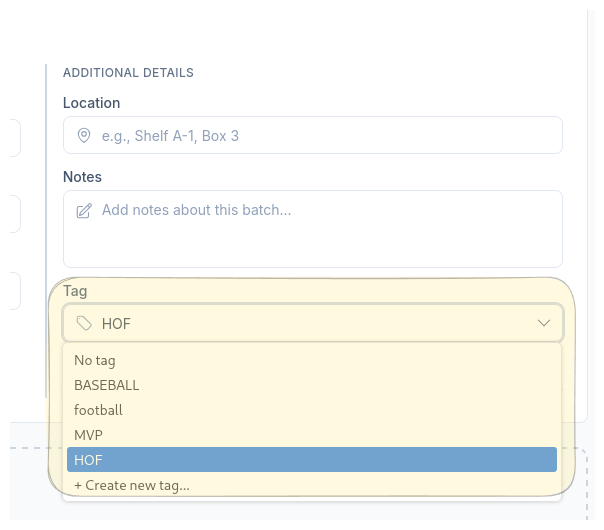 CardLuma batch tag dropdown showing available tags including Baseball, football, MVP, and HOF with a Create new tag option