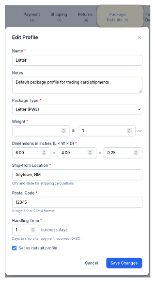 CardLuma Package Profile editor showing a Letter (PWE) profile with package type, weight, dimensions, ship-from location, postal code, and handling time fields
