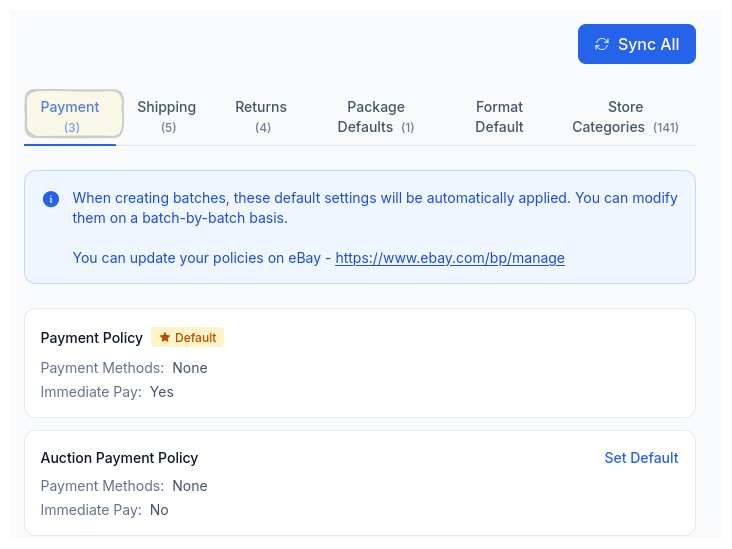 CardLuma payment policy sync showing Payment Policy with Immediate Pay enabled and Auction Payment Policy, with a Sync All button