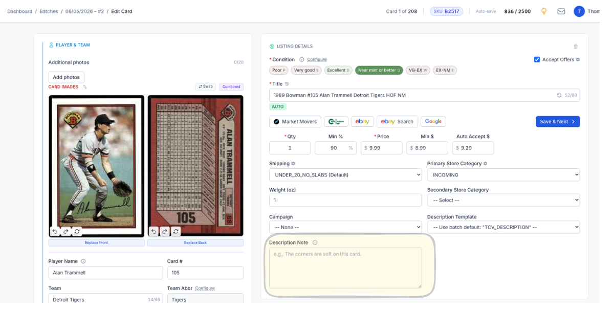 CardLuma card edit screen for a 1989 Bowman Alan Trammell, with the Description Note field highlighted under Listing Details alongside the title, condition, pricing, shipping, and store category fields