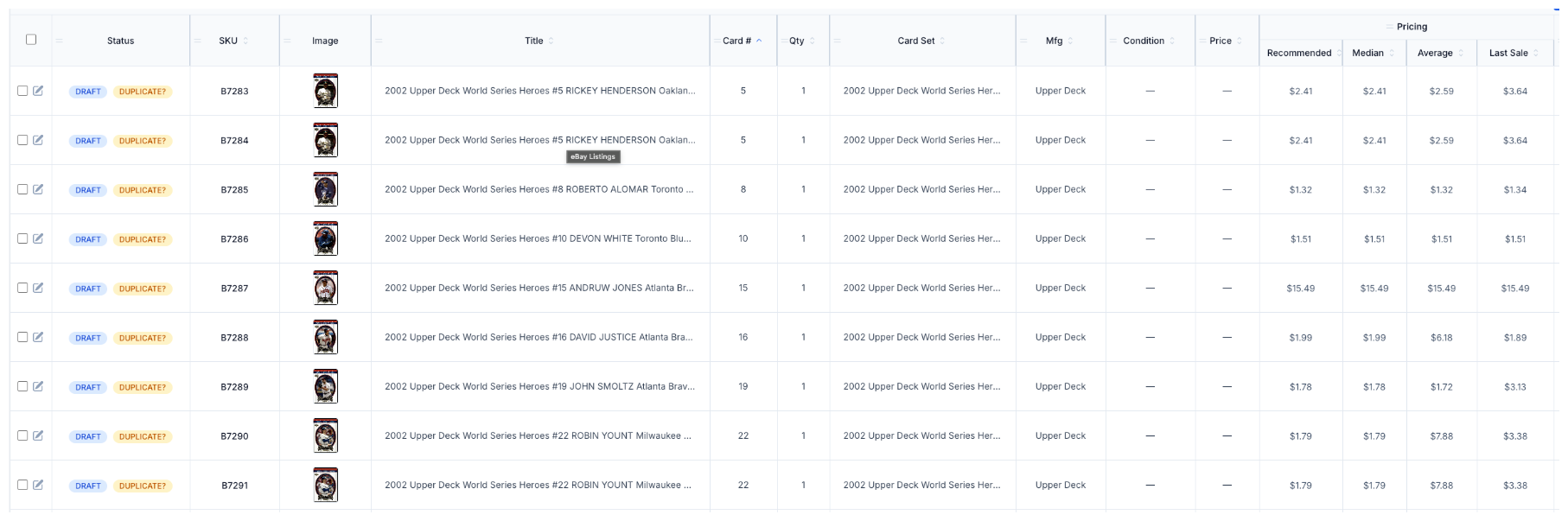 A CardLuma batch table with a Pricing column group showing Recommended, Median, Average, and Last Sale values derived from sold comps for each identified card