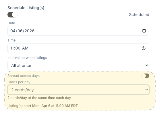 CardLuma scheduling UI showing spread across days toggle with cards per day selector