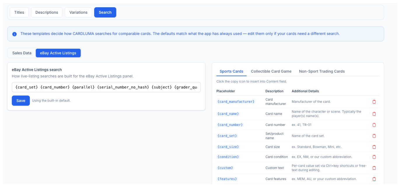 The CardLuma Search template tab with eBay Active Listings selected, showing how live-listing searches are built from card set, card number, parallel, serial number, subject and grader placeholders