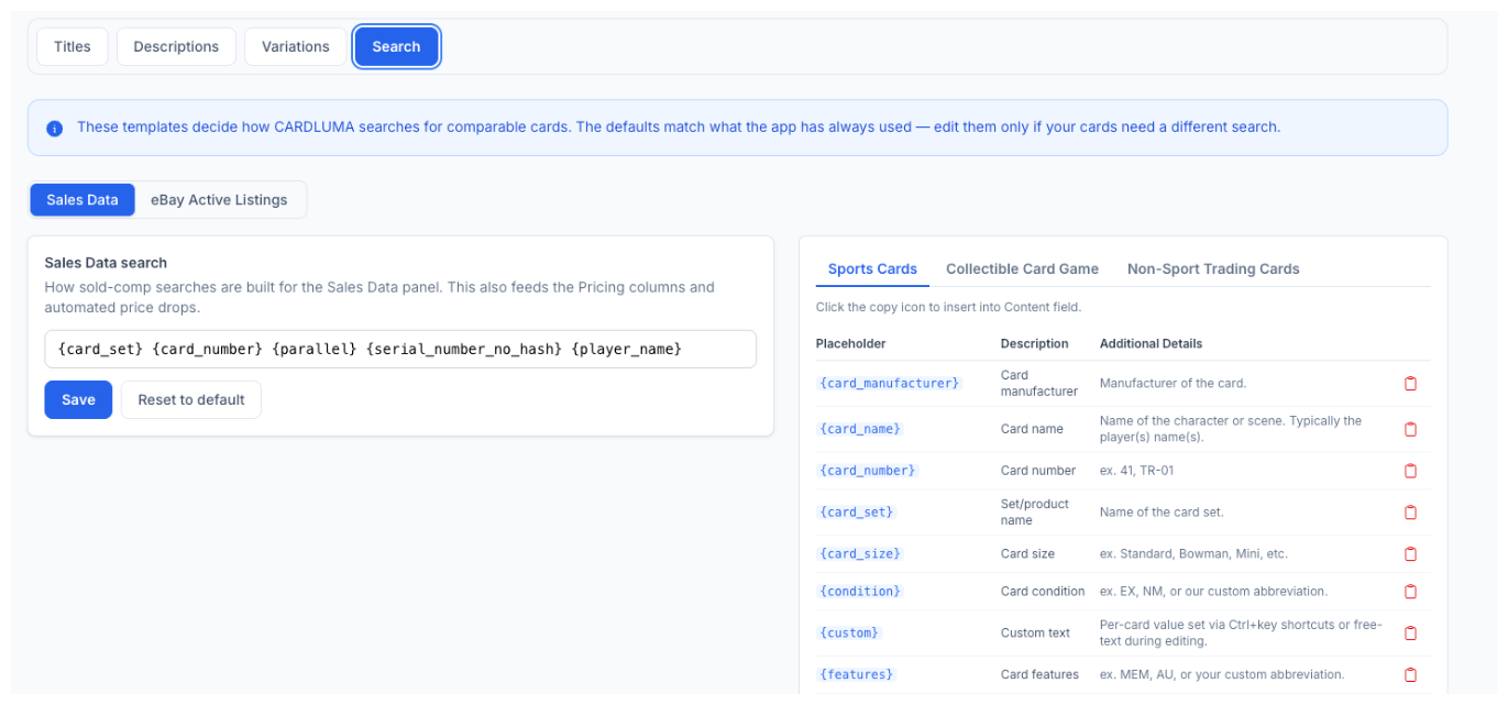The CardLuma Search template tab with the Sales Data search selected, showing an editable template of card set, card number, parallel, serial number and player name placeholders, a Save button, a Reset to default button, and the placeholder reference table beside it