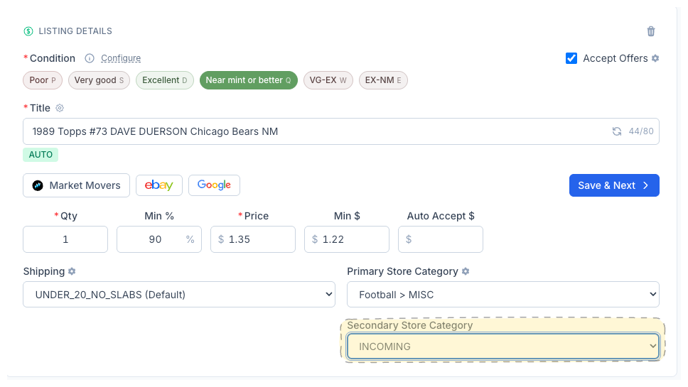 CardLuma card edit screen showing Primary Store Category set to Football > MISC and Secondary Store Category set to INCOMING for a 1989 Topps Dave Duerson card
